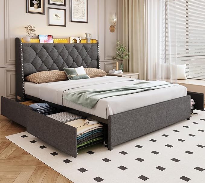 Queen Size Bed Frame with 4 Drawers and Storage Headboard, Upholstered Wingback Bed Frame with LED Lights and Charging Station, No Box Spring Needed, Easy Assembly, Noise Free, Grey