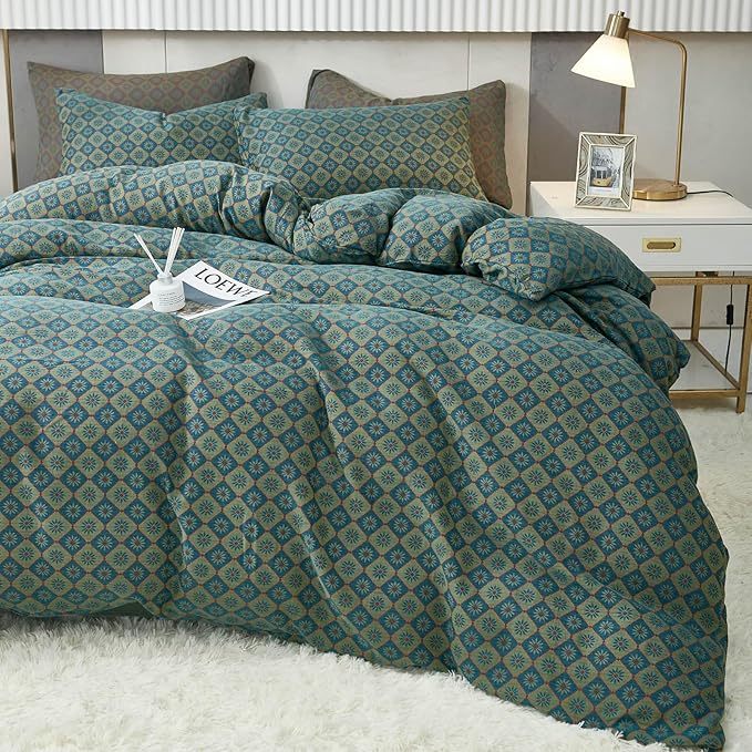 VM VOUGEMARKET Boho Duvet Cover King Geometric Pattern,3Pcs Yarn-Dyed Muslin Cotton Duvet Cover Set Blue Green Flower Bedding Set for Girls Women Without Comforter