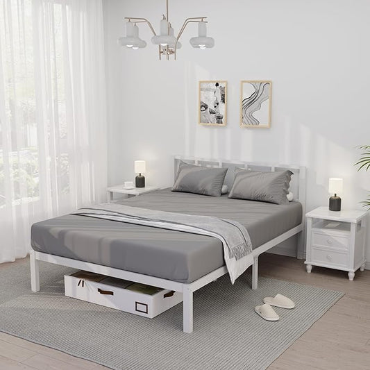 14 Inch Bamboo Bed Frame – Solid Wood Platform Bed Frame, Strong and Stable, with Non-Slip Slats for Support, No Box Spring Needed, Easy to Assemble, Noise-Free (White, Queen with Headboard)