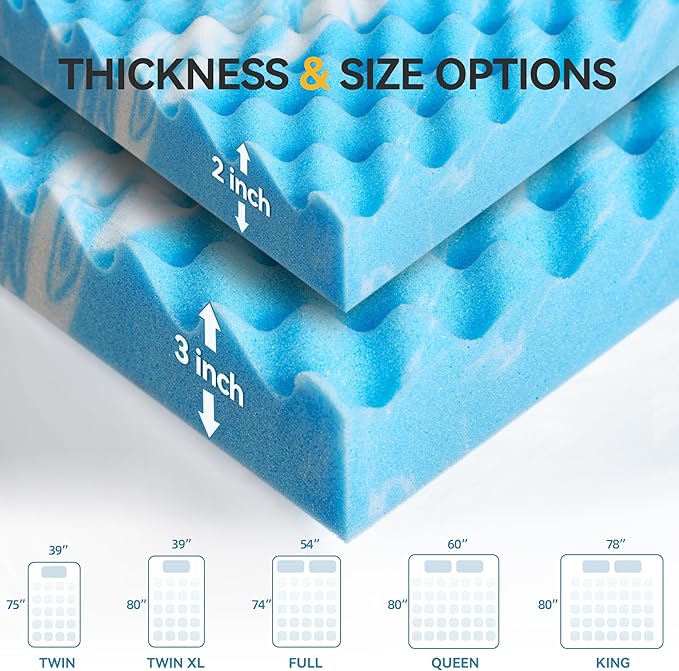 SINWEEK 2 Inch Egg Crate Memory Foam Mattress Topper Twin Size, Soft Mattress Pad for Back Pain Relief, Bed Topper, CertiPUR-US Certified, Blue