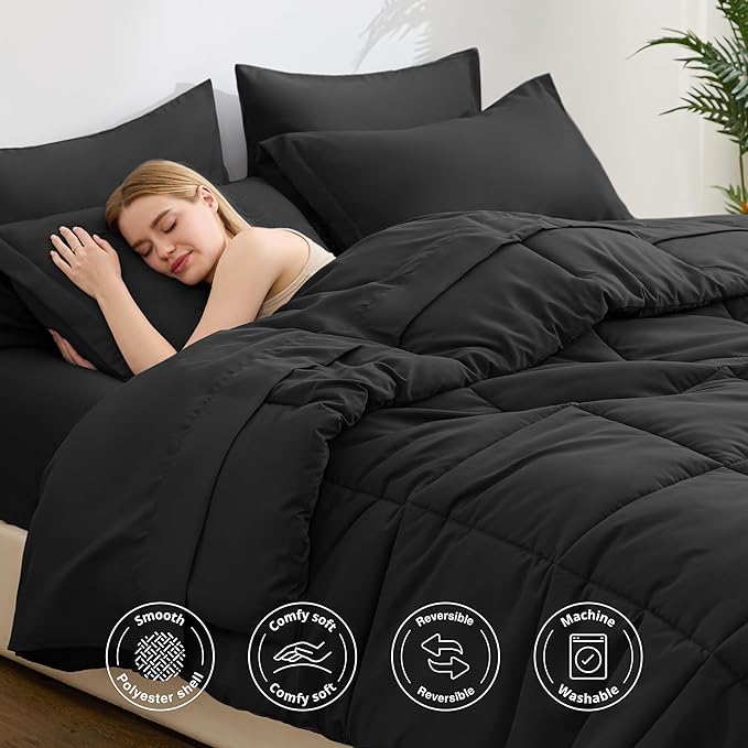 Love's cabin King Size Comforter Set Ash Black, 7 Pieces King Bed in a Bag, All Season Bedding Sets with 1 Comforter, 1 Flat Sheet, 1 Fitted Sheet, 2 Pillowcase and 2 Pillow Sham
