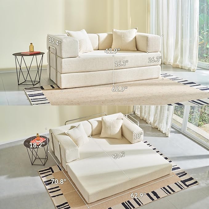 YINIX Foldable Sofa Bed, 62'' Folding Floor Couch, Compressed Convertable Sleeper Sofa, Memory Foam Couch with Pillow Back Support Armrest, 4-in-1 Futon Sofa Bed for Living Room, White