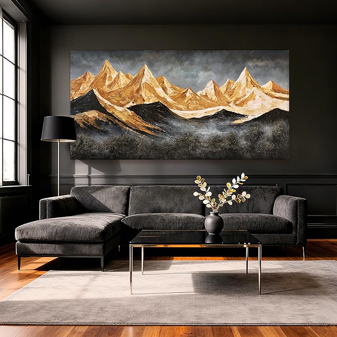 YETHEN WAL Golden Peaks Mountain Wall Art – Large Textured Landscape Canvas Print, Gold & Slate Mountain Scenery for Living Room or Bedroom, Horizontal 24×48 Inch
