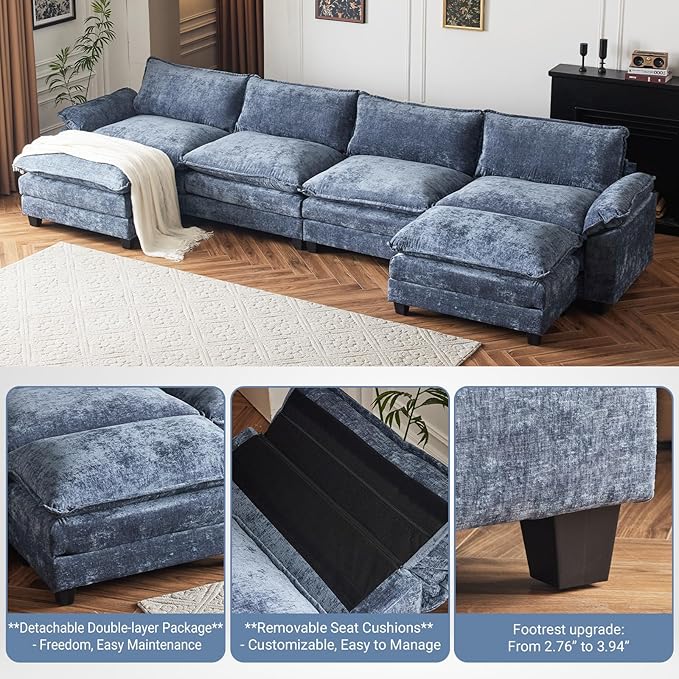 VINGLI 157" Cloud Navy Blue Convertible Sectional Sofa, Comfy U-Shape Extra Deep Seat Sofa Couch for Living Room,Modern Chenille 4-Seat Convertible Sofa with 2 Movable Ottomans for Small Space