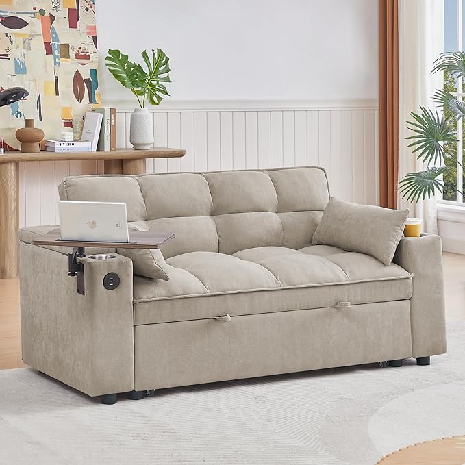 65" Cloud Couch Sleeper Sofa Bed with USB Charging Port & Side Pocket, Chenille Fabric Pull-Out Sofa with Thick Cushions, High Resilience Foam & Pillows for Living Room, Apartment, Small Spaces