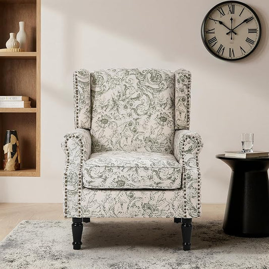 Lumibee High Back Accent Chair, Armchair in Fabric, Comfy Upholstered Wingback Single Sofa Reading Chair with Solid Wood Legs for Living Room,Bedroom,Office-Rococo Green
