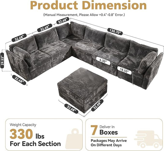 Large 7 Seat Modular Sectional Sofa with Ottoman Seat Corduroy Sleeper Sectional Sofa Bed Oversized Convertible Modular Couch for Living Room