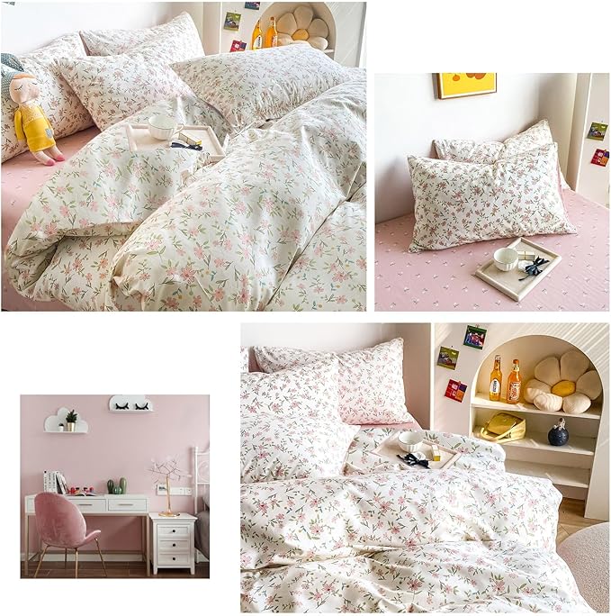 MKXI Garden Floral Comforter King Peach Blossom Pink White Floral Comforter Set for Girls Botanical Bedding Comforter Pink Flowers Print Comforter Vintage Farmhouse Bed Comforters, MKB02QianyK