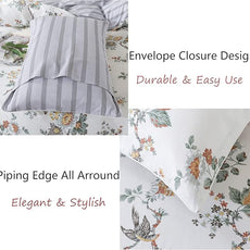 FADFAY Duvet Cover Set Full Elegant Floral Bedding Shabby Beige Bird Print Flower Quilt Cover Set Vintage Farmhouse Bedding 100% Cotton Soft Comforter Cover Set with Zipper Closure 3Pcs, Full Size