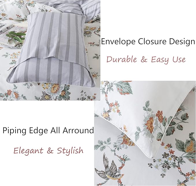 FADFAY Duvet Cover Set Full Elegant Floral Bedding Shabby Beige Bird Print Flower Quilt Cover Set Vintage Farmhouse Bedding 100% Cotton Soft Comforter Cover Set with Zipper Closure 3Pcs, Full Size