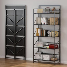 JSB No Assembly Folding Bookshelf, 5 Tier Industrial Metal Book Shelf for Storage, Vintage Wood Foldable Bookcase for Living Room, Bedroom, Office Organization Shelves