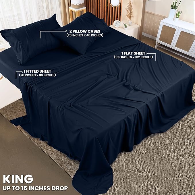 Utopia Bedding King Sheet Set – 4 Piece Bed Sheets for King Size Bed, Soft and Breathable Microfiber, Includes 1 Fitted Sheet, 1 Flat Sheet and 2 Pillowcases (Navy Blue)