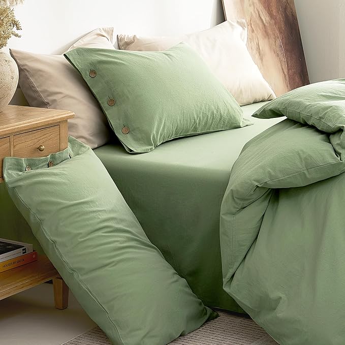 JELLYMONI 100% Washed Cotton Duvet Cover King – Soft, Breathable Linen-Look Bedding with Natural Wrinkle Texture, Button Closure, 3-Piece Set (Mint Green, 104"x90")