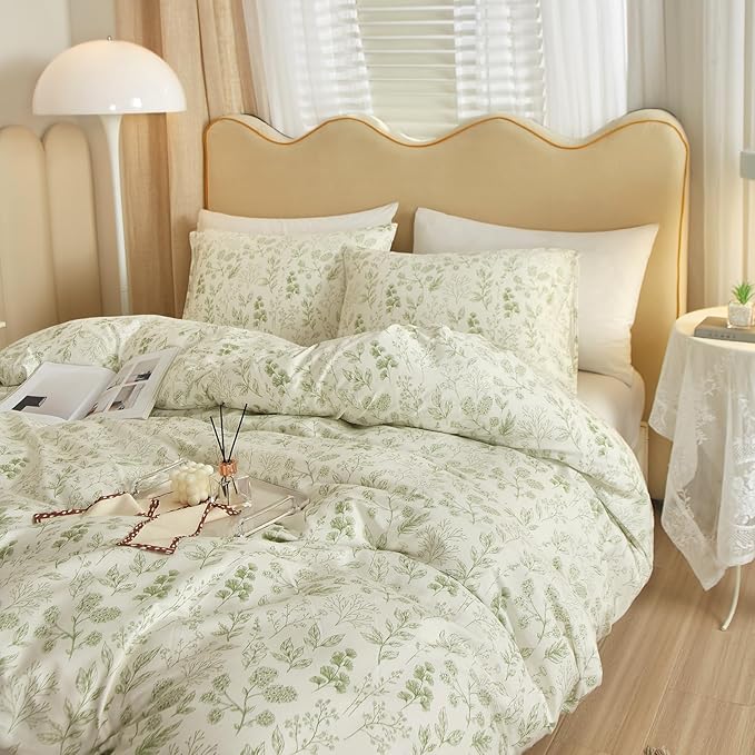 HighBuy 3 Pieces Duvet Cover Twin XL White Duvet Cover with Green Floral Print,Coquette Soft Cotton Comforter Cover Boho Style,Aesthetic Twin XL Bedding Set with Zipper Closure 4 Ties,All Season