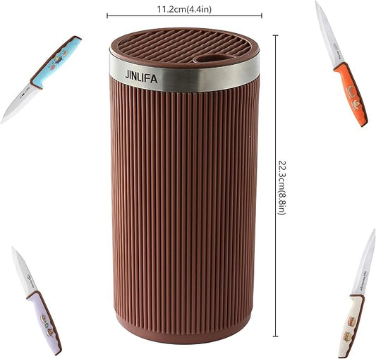 Knife Block Without Knives, JINLIFA Kitchen Knife Holder Block, Universal Knife Storage Organizer Stand Rack for Countertop (Stylish Brown Color)