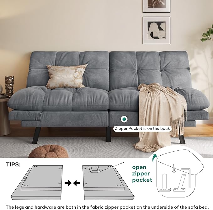 YITAHOME 70″ Convertible Futon Sofa Bed, Cat-Scratch-Proof Fabric Futon Couch with Adjustable Backrest and Armrest, Modern Loveseat Sleeper for Living Room Home Office, Dark Grey