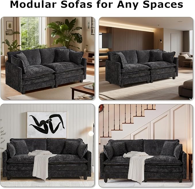 SoarFlash 77.95" Chenille Sectional Sofa, Comfy Modular Loveseat Sofa, Modern 2-Seat Couch Deep Seat Sofa Set for Living Room,Black