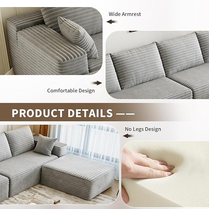 139.4" Modular Sectional Sofa, U-Shaped Minimalist Couches with Ottoman and Middle Seat, Modern Deep Seat Convertible Sleeper Sofa Bed, Reversible Chaise, Cloud Plush Corduroy Fabric,6 Seater, Grey