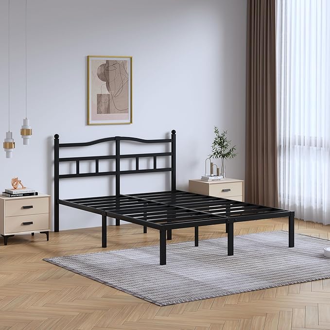 Metal Bed Frame with Headboard - 14 Inch King Size Heavy Duty Bedframe Black Basic Steel Slats Platform No Box Spring Needed/Easy Assembly/Noise Free