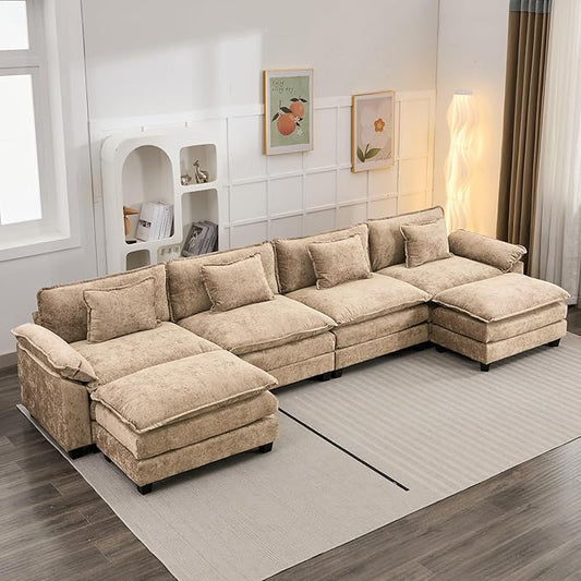 154" Modular Sectional Sofa, Comfy Cloud Couch Sectional Sofa with Ottoman, Chenille Sofa Sleeper Deep Seat Sofa with Throw Pillows for Living Room (Khaki, 154"- U Shape)