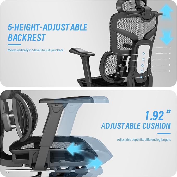 Ergonomic Office Chair, Gaming Chair, Office Chair, Mesh Gaming Chair, 880LBS, 5-Level Backrest Height & 4D Flip-Up Arms for Office, Home & Gaming Desk