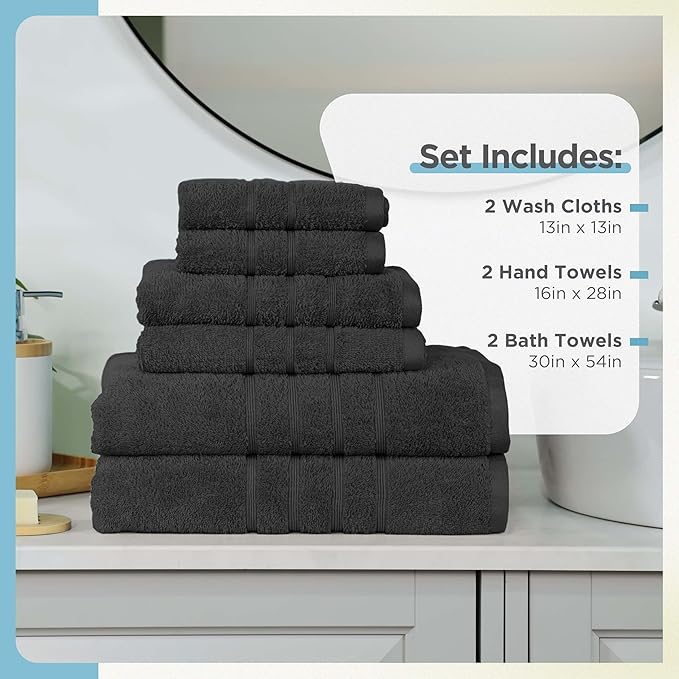 Martex 6-Piece Towel Set – Ultimate Performance – 100% Cotton – 2 Bath Towels – 2 Hand Towels – 2 Wash Cloths – Versatile – Low-Linting – Supersoft & Absorbent Bathroom Set – Easy Care – Black