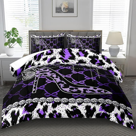 Purple Cheetah Print Comforter Set Twin Women Sexy High Heels Leopard Print Bedding Set Girls High Heels Leopard Comforter Quilt Animal Bedroom Decor Cheetah Bedding Bed Decor