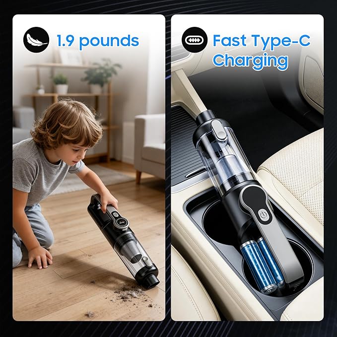 Cordless Handheld Vacuum for Car and Home, 18000Pa Strong Suction, 35 Mins Runtime with Multiple Nozzles & LED Light, Portable Cleaner for Pet Hair and Car Seats