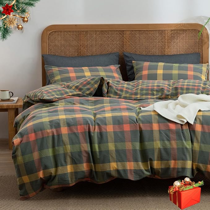 VM VOUGEMARKET Twin XL Plaid Duvet Cover Set Orange Grey Green Gingham Bedding Set Soft Washed Cotton Reversible Modern Cozy Duvet Cover with 2 Pillowcases for Teen Boys- 68x90 Inch