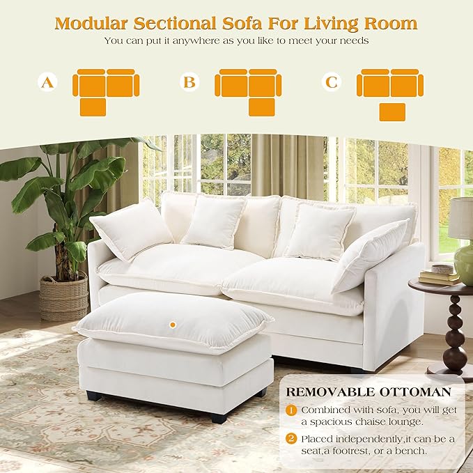 77.6" Modular Sectional Sofa,Loveseat Couch for Living Room, Modern Deep Seat Sofa 2 Seater Chenille Fabric Comfy Cloud Couches with Throw Pillows & Ottoman for Living Room,Apartment