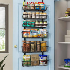 Over The Door Pantry Organizer, Pantry Organization and Storage, 6-Tier Deep Baskets Hanging Heavy-Duty Metal, Wall Spice Rack Seasoning Shelves for Home & Kitchen, Laundry Room Bathroom, Black