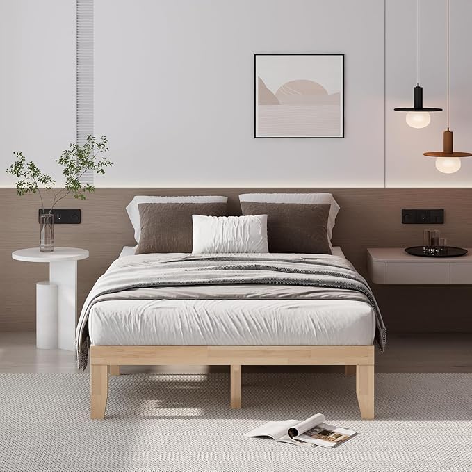 Giantex 14 Inch Full Wood Platform Bed Frame, Minimalist Style Mattress Foundation with Solid Rubber Wood, Heavy Duty Slat Support, Without Headboard, Easy Assembly, No Box Spring Needed, Natural