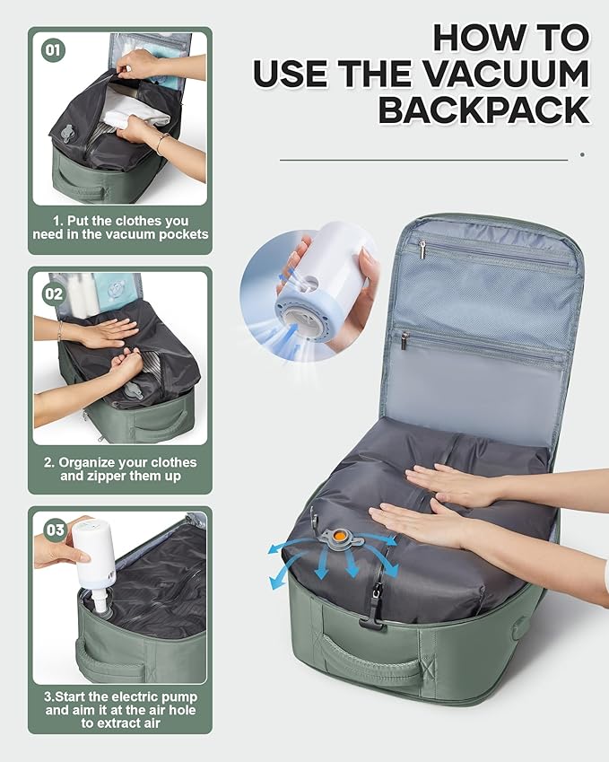 Vacuum Backpack Travel for Women Men, Travel Backpack with Vacuum System, Small Compression Backpacks Flight Approved, Travel Vacuum Bags with 14inch Laptop Compartment, Contain Pump, Green