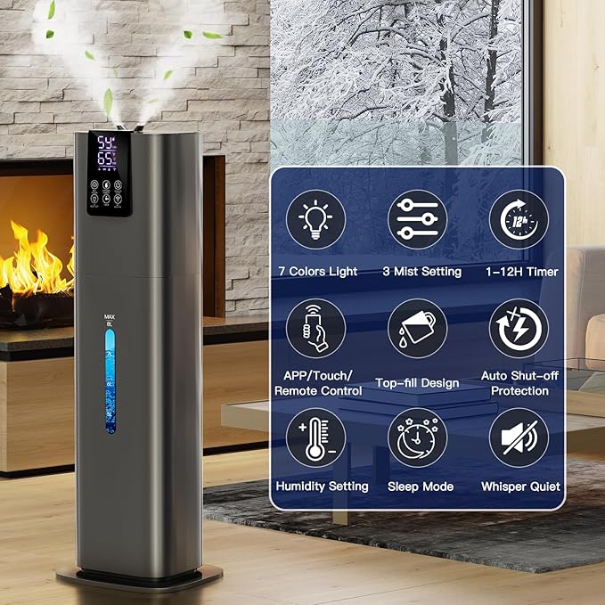 Smart Humidifiers Large Room Bedroom Home, 2.11Gal(8L) Quiet Top Fill Cool Mist Humidifier, Smart App & Remote Control, 3 Speed Humidifier with 360° Nozzle, Humidity Setting for Baby Office(Gray)