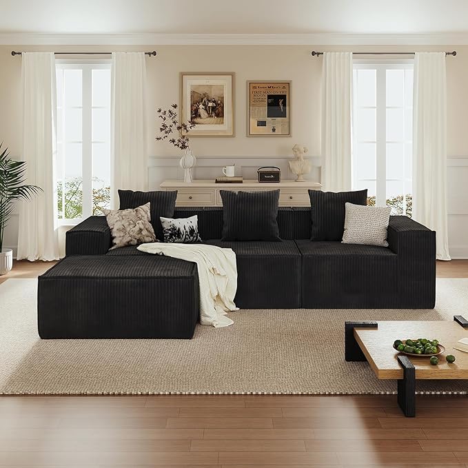 110” Sectional Boneless Couch, 3 Seat Grey Corduroy Convertible Sofa Bed with Pillows, Home Sofa Living Room Bedroom, Memory Foam Modular Couch Daybed Lazy Floor Bed