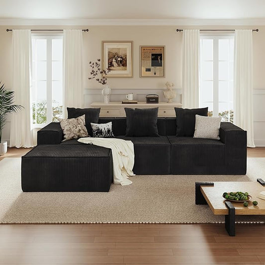 110” Sectional Boneless Couch, 3 Seat Grey Corduroy Convertible Sofa Bed with Pillows, Home Sofa Living Room Bedroom, Memory Foam Modular Couch Daybed Lazy Floor Bed