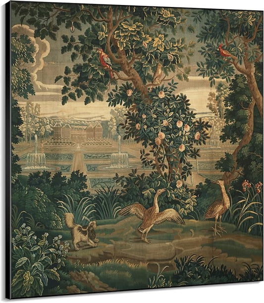 60"x60" XL Framed Wall Art - Ornate Botanical Garden Scene with Birds (Frame Assembly Required)