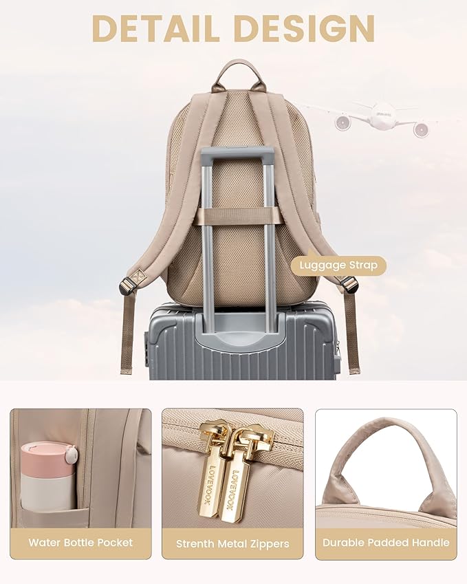 LOVEVOOK Laptop Backpack for Women, 18 Inch Travel Backpack, Large Capacity Casual Daypack, Work Computer Backpack, Travel Backpack for College, Light Beige