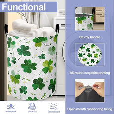 Green Lucky Clover Laundry Basket-Large Foldable Hamper Holder Portable Tall Collapsible Laundry Hamper Storage Basket Bin with Handles, Canvas & Waterproof lining for Household Items