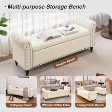 Bedroom Bench, End of Bed Bench with Storage, 55-Inch Bed Benches for Foot of Bed, Faux Leather Window Bench, Upholstered Storage Bench with Tufted Button and Nailhead Trim, Rolled Arms, Cream White
