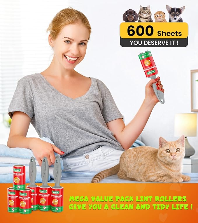 Lint Rollers for Pet Hair Extra Sticky, 600 Sheets Mega Value Set with 3 Upgraded Handles, 6 Rollers Portable Pet Lint Remover for Clothes, Furniture, Carpet, Dog & Cat Hair Removal