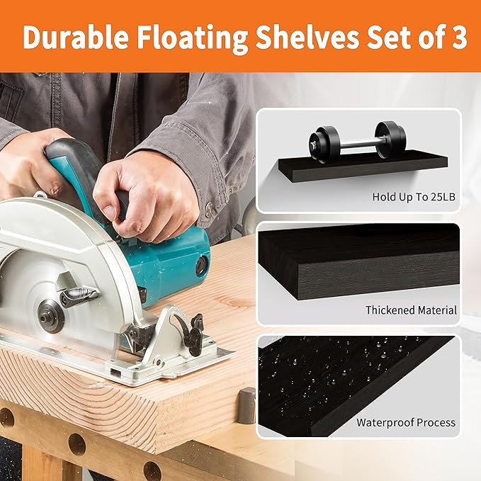 Floating Shelves for Wall Set of 3, 24" Black Wall Shelves for Home Decor, Frame Display Black Floating Shelf for Living Room, Bedroom, Bathroom, Kitchen