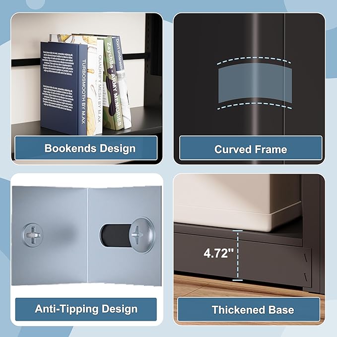 5 Tier Metal Bookshelf, 69" Tall Bookcase with Adjustable Storage Shelves, Heavy Duty Metal Book Shelf Organizer for Living Room, Office, Library, Including Book Stoppers (Black, Set of 2)