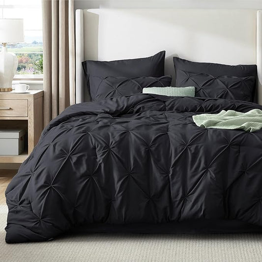 Bedsure Full Comforter Set Black - Bed in a Bag Full Size Bedding Set 7 Pieces, GentleSoft™ Pintuck Bed Set Gift for Family, Pinch Pleat All Season Comforter with Sheets, Pillowcases & Shams
