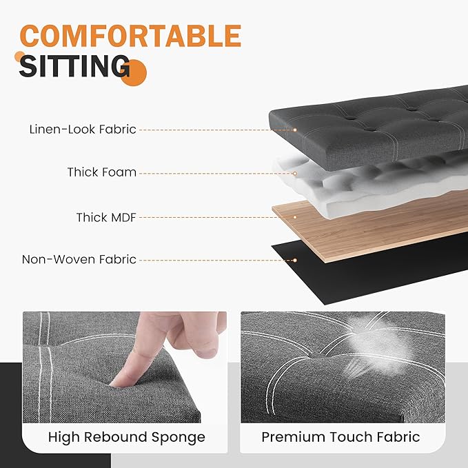 Youdesure Folding Storage Ottoman Bench, Footrest Couch for Living Room, 30 inch Storage Bench with Padded Seat for Bedroom Hallway, Holds up to 350lbs, Linen Fabric Grey