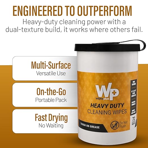 WIPESPLUS Heavy Duty Cleaning Wipes – No Rinse Dual-Texture Tool Cleaning Wipes and Hand Cleaner for Mechanics – Industrial Degreaser for Garage, Grill, and Oven– 72 Count 10.5"x12.25" (Pack of 6)