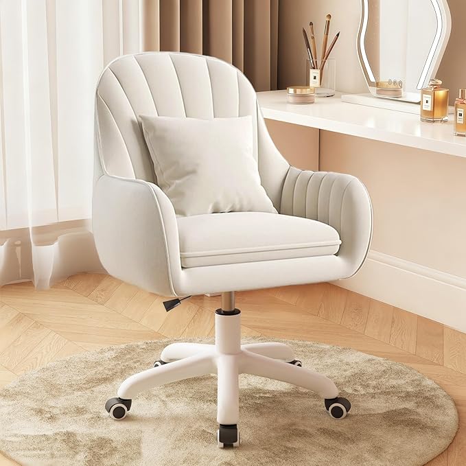 Cute Home Office Chair Velvet Upholstered Desk Chairs with Mid Back Swivel Adjustable Makeup Vanity Computer Chair with Wheels