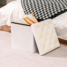 B FSOBEIIALEO Storage Ottoman Velvet Tufted Folding Ottomans Footstool Rest Seat with Removable Lid (White, Medium)
