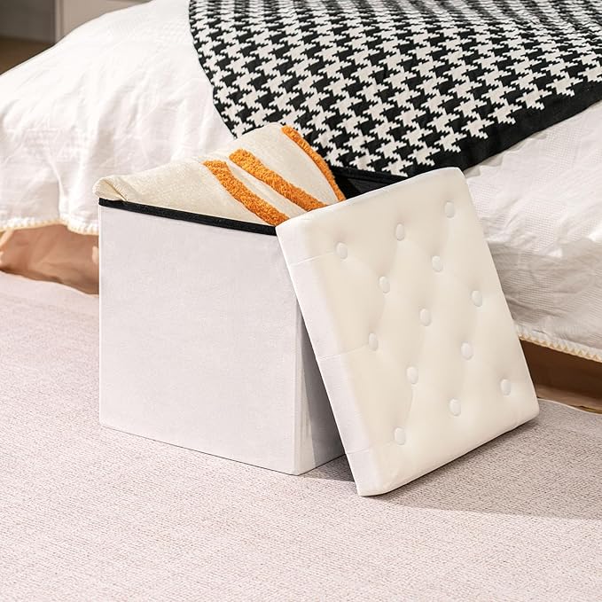 B FSOBEIIALEO Storage Ottoman Velvet Tufted Folding Ottomans Footstool Rest Seat with Removable Lid (White, Medium)