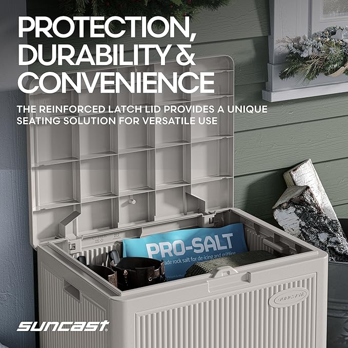 Suncast 22-Gal. Waterproof Resin Small Outdoor Patio Deck Box with Reeded Design, Modern Outdoor Patio Bench/Storage Box for Cushions, Garden Tools, and More, French Gray